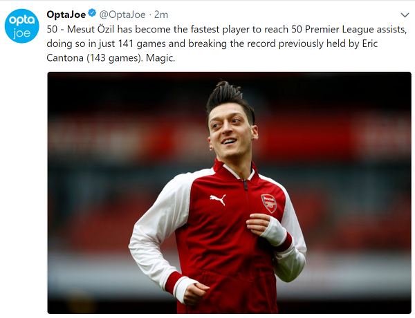 [GOAL FACT] 외질, 최단기간 EPL 50 어시스트 신기록 달성