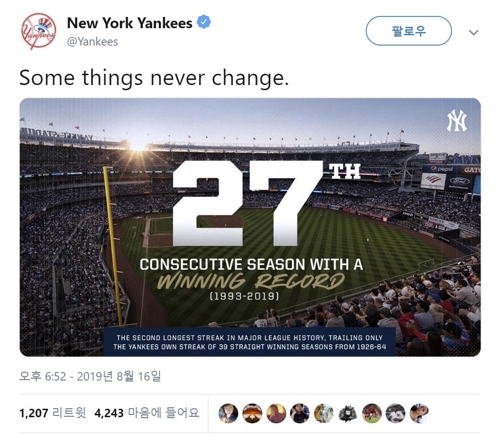MLB 양키스, 27시즌 연속 승률 5할 이상 달성