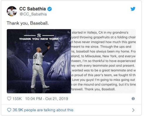 'Thank you, Baseball'…사바시아, 공식 은퇴 선언