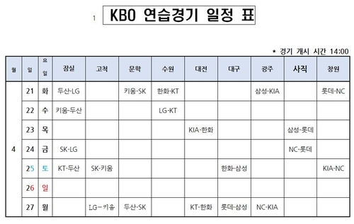 프로야구 팀 간 연습경기 일부 야간 경기로 진행