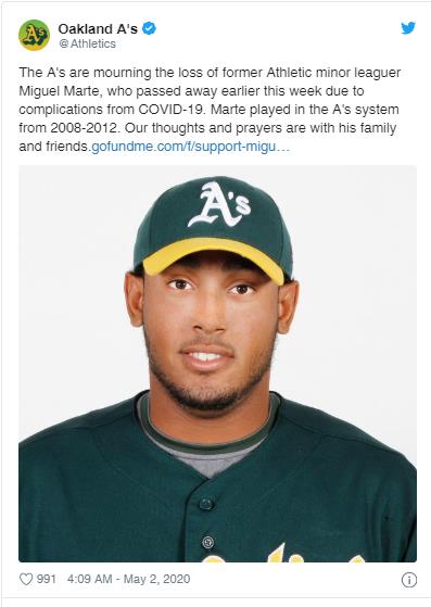 MLB 오클랜드 전 마이너리그 선수 코로나19로 사망