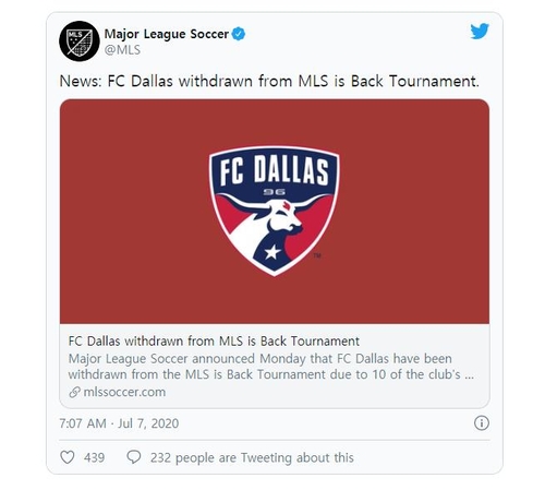MLS 댈러스, 코로나 집단감염으로 시즌 재개 대회 출전 포기