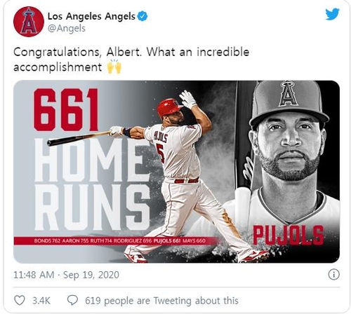 MLB 푸홀스, 661·662호 홈런…메이스 제치고 역대 5위