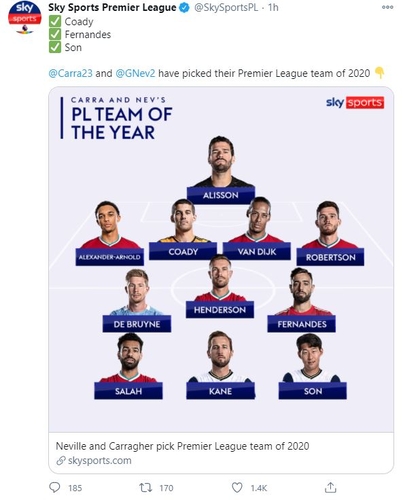 손흥민, 英 스카이스포츠 선정 EPL 올해의 팀 포함…마네 제쳤다
